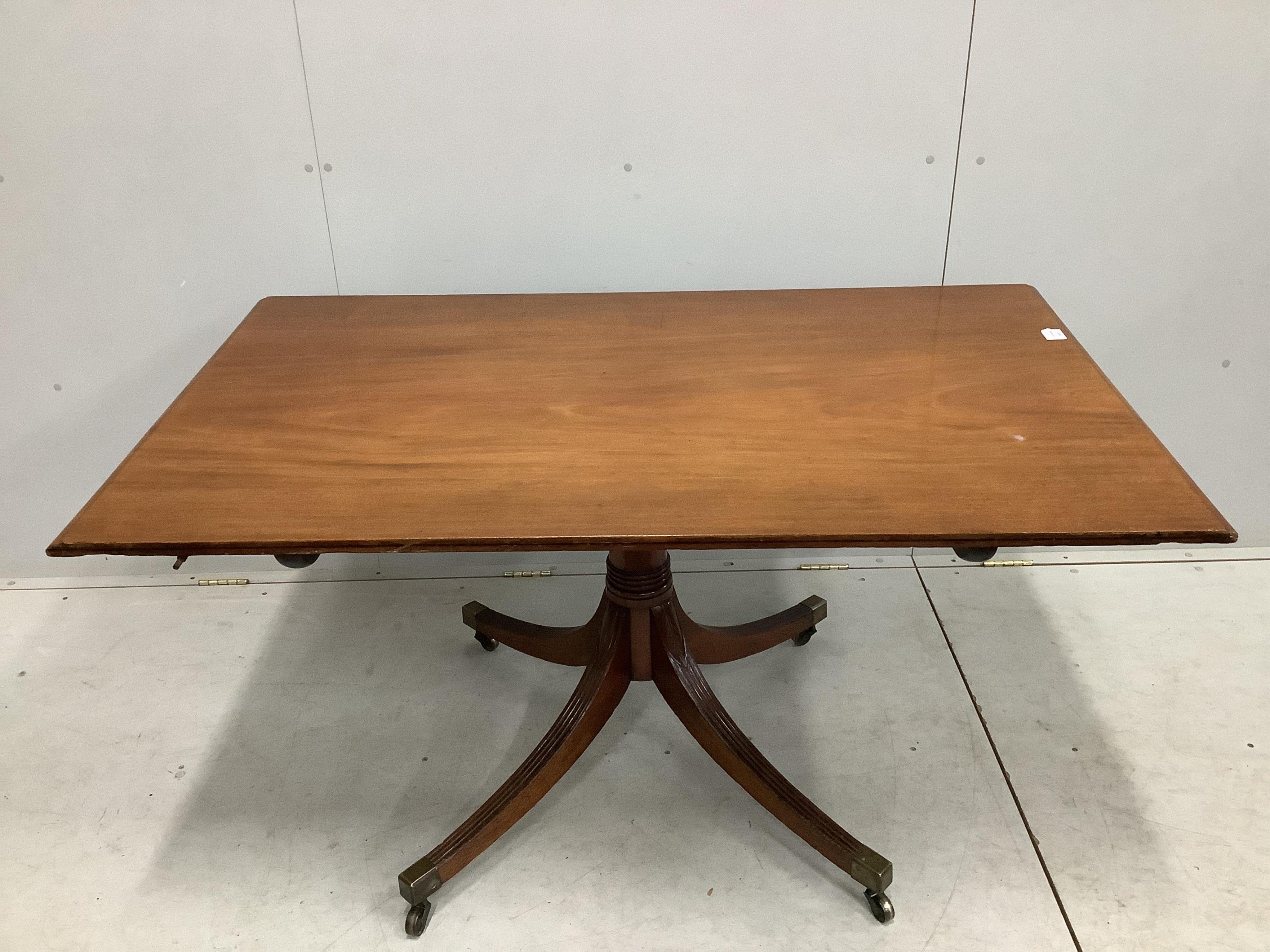 A Regency mahogany D end extending dining table, 232cm extended, one spare leaf, depth 140cm, height 73cm. Condition - poor to fair